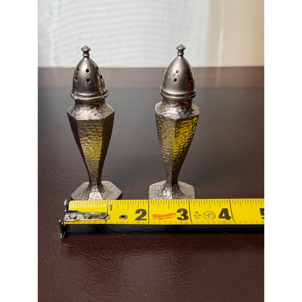 Vintage Hammered Pewter Salt and Pepper Shakers Art Deco Hexagonal Base Set